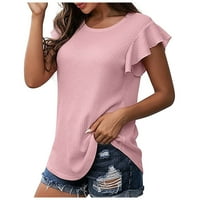Majice za žene modni ljetni povremeni Ruffle kratki rukav okrugli vrat čvrsti gornji Pink XL