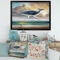 Posjećanje kita plivanje na nebu preko plaže dječja umjetnost uramljena umjetnička štampa