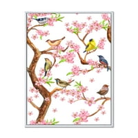 PROIZVODNJA Šarene male ptice na proljetnom cvijećem drvetu tradicionalni uokvireni platneni zidni otisak