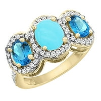 14k žuto zlato prirodni tirkiz i Švicarski plavi Topaz 3-kameni prsten Ovalni dijamantski naglasak, Veličina