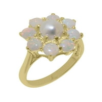 British napravio 9K žuti zlatni kultivirani Pearl i Opal Womens Remise Ring - Veličine opcije - Veličina 9.5