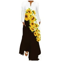 Symoidne duge haljine za žene - retro stil modnog otiska s dugim rukavima s dugim rukavima dugačka haljina žuta m