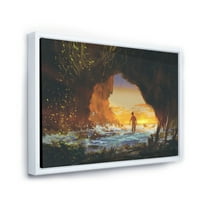 Morska Pećina U Zalasku Sunca Sa Čovjekom Koji Hoda U Uokvirenom Slikarskom Platnu Art Print