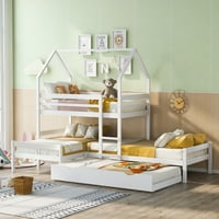 Aukfa Trostruki Kreveti Na Sprat, krevet na sprat od drvene kuće sa palicom, dvostruka veličina, Bijela