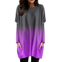Boja gradijent štampane ženske duge majice sa džepovima labave Fit o-izrez Dugi rukav dnevne majice pulover