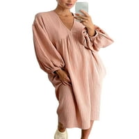 Glonme Dame Midi haljina s dugim rukavima za spavanje V izrez Pajamas haljine Žene Loose Kaftan pune boje