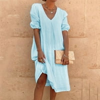 Bazyrey ljetne haljine za žene čvrste haljine ženski V-izrez Casual kratki rukav a-Line haljine plava