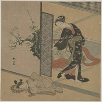 Mlada dama gleda kroz vrata u nju Kamuro koji spava na podu poster Print Suzuki Harunobu