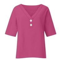 Charella Ženske Jednobojne Casual Labave Modne Majice Rukavi Na Dugmad Pamučna Platnena Bluza Hot Pink,
