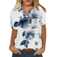 USMIXI Womens Ljetni vrhovi kratki rukav V-izrez cvjetni print T košulje Casual Džepni gumb dolje labavi