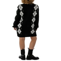 Vintage Argyle Print dugi rukavi pleteni džemperi haljina modni ženski V-izrez Mini haljina Streetwear