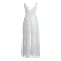 Haljine za žene bez rukava, ležerna duga večernja haljina ljeta V-izrez haljina srebrna l