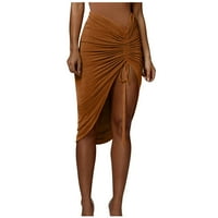 Ženske Ljetne Suknje Asimetrične Ruched Drawstring Midi Suknja Visokog Struka Polu Suknja Brown L