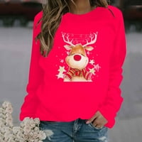 Deholifer Božić majice za žene modni Crtić Elk uzorak slatki stil Dugi rukav Crewneck pulover Duks Tee