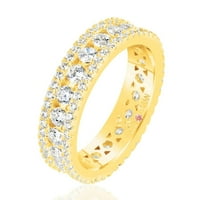 Kolekcija Zlatni Sterling Srebrni Kubni Cirkonij Bijeli Troredni Moderni Prsten Za Godišnjicu-Žuti