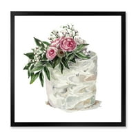 Designart' bijelo cvijeće i ružičaste ruže na torti ' tradicionalni uokvireni umjetnički Print