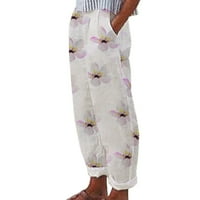B91XZ Ženska posteljina hlače Ležerni struk sa džepovima Visoke duge hlače Žene Print ravne pamučne hlače