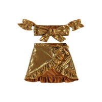 Zlatni svileni set suknji Carolilly Kid, krojevi bez rukava sa suknjom sa volanima